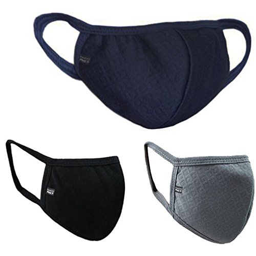 BXT, confezione da 3 mascherine anti polvere per viso e bocca, in cotone e carbone attivo, con rilievo tridimensionale, per uomo e donna, Black+Grey+Deep Blue