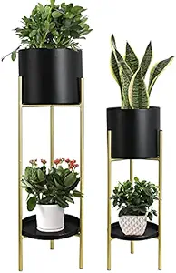 Ezzu Crafts Golden Plant Stands with Black Pot and Tray Container, Indoor Outdoor Decorative Pot Plants Holder for Flower Pots Raised, 29 & 24 Inch Tall Metal Planter Stand for Garden Pots(Set of 2)