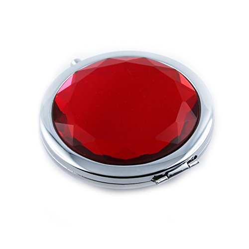 Klappbarer Design Taschenspiegel / Schminkspiegel / Kosmetikspiegel aus Metall in silber mit Glas-Kristall in rot – edles Diamantendesign – deutscher Händler (rot) - 5
