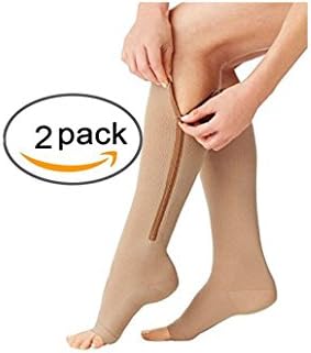 2 Pairs Compression Socks Women 15-20 mmhg Open Toe Leg Support Stocking Knee High Socks with Zipper