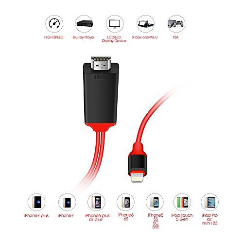 Lightning HDMI Kabel,2 Meter Kabel HDTV MHL Kabeladapter von Penzo,1080P,Transmit Audio und Video Heimkino für iPhone 7/6s/6/5s/5 iPad iTouch TV Projektor (rot, 6,6ft) - 5