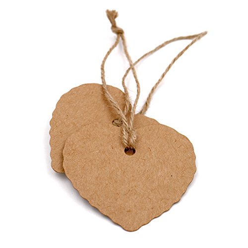 100 Stück 6 CM * 5.5 CM Shabby Chic Kraftpapier Etiketten Tags“Form des Herzens”Papieranhänger Hängeetiketten Anhängeetiketten mit Jute-Schnur 30 Meter (Braun) - 4