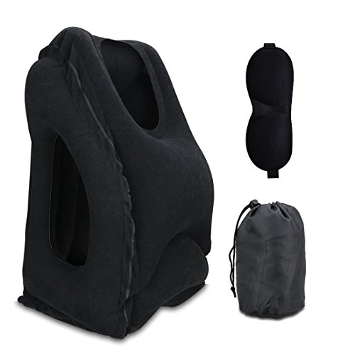 Oreillers de voyage, HOMCA Oreiller portable gonflable pour tête et cou à tête avec masque pour les yeux pour les avions, les voitures, les autobus, les trains, la maison, le bureau Napping (Noir)