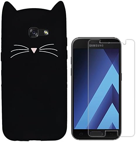 Hcheg 3D Silicone Protective Case Cover for Samsung Galaxy A5 (2017) Cover cat Design Black Case Cover + 1X Screen Protector
