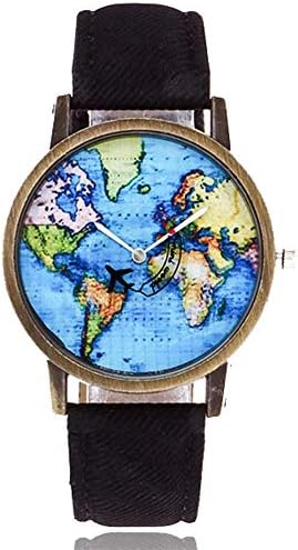 ApacyWatches for Women, Apacy New Global Travel by Plane Map Women Dress Watch Denim Fabric Band Quartz Analog Wrist Watch Female Watches Lady Student Watch Gift
