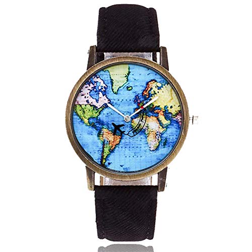 ApacyWatches for Women, Apacy New Global Travel by Plane Map Women Dress Watch Denim Fabric Band Quartz Analog Wrist Watch Female Watches Lady Student Watch Gift