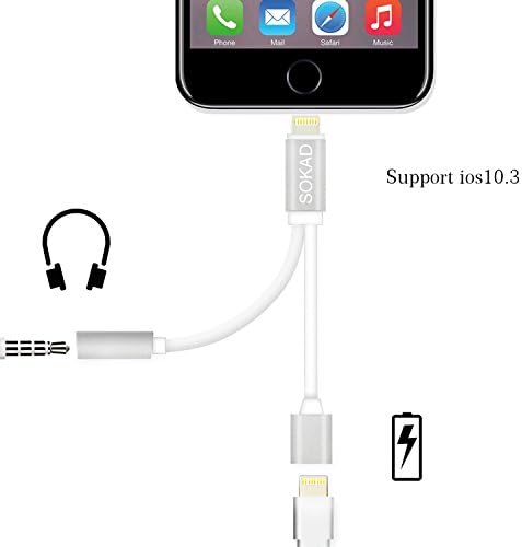 IPhone 7 / 7 Plus 2 in 1 Lightning Charging Port Extension Cable 3.5mm Headphone Adapter and for Apple Devices Converter and Audio Jack, Compatible with IOS 10.3, No Music Control- Silver