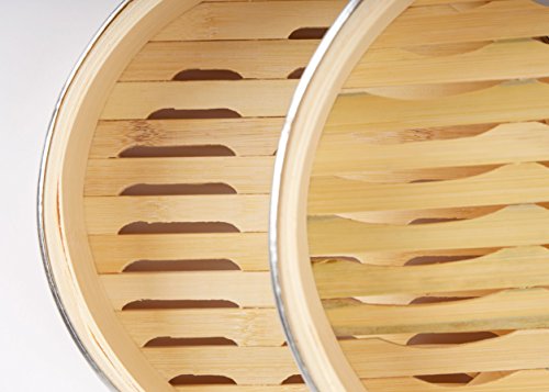 Andrew James – 22.86cm (9 Inch) Bambusdämpfer mit Edelstahlringen – 2 Etagen – Inklusive Essstäbchen Set und Dim Sum Dämpferpapier - 2