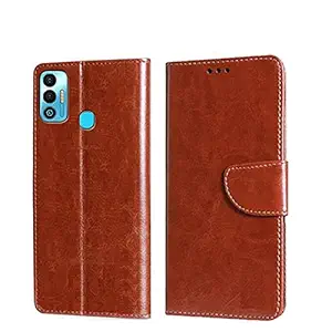 Fengshui Vintage Flip Case Leather Finish | Inside TPU with Card Pockets | Wallet Stand | Shock Proof | Magnetic Closure Flip Cover for Tecno Spark 7T - Attractive Orange Brown