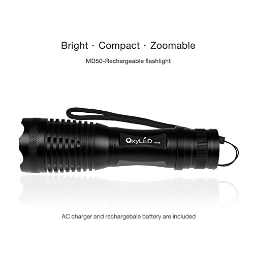 OxyLED MD50 CREE 500LM LED Taschenlampe mit Li-ion Akku, EU Netzteil Akkuladegerät und Batteriehalter, Zoombar, 3 Helligkeitsstufen Portabel für Outdoor Camping, Schwarz - 5