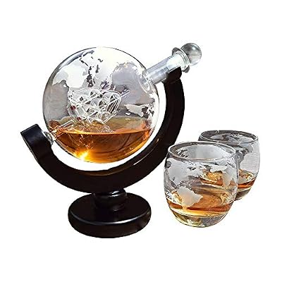 MikaMax - Ensemble de décanteurs Globe - Whisky - Deux Verres - Fabriqué à la Main - Transparent - Idéal pour Vodka Whisky, Scotch, Rhum Tequila et Plus Encore - 850 ML
