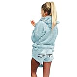 Lucky Mall Sleepwear Overall Frauen Winter Warm Set Zweiteilige Nette Katze Pyjamas Hoodie Nachtwäsche Einfarbig Hosenanzug Schlafanzug Jumpsuit mit Kapuze