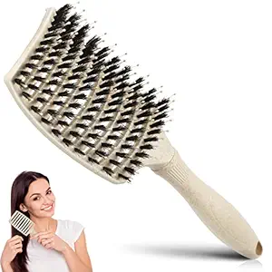 Wheat Straw Vent Brush, Boar Bristles Eco-Friendly Handle Curved Vented Hair Brush Faster Blow Drying detangling for Women Men Paddle Detangling Styling for Wet Dry Curly Thick Straight Hair