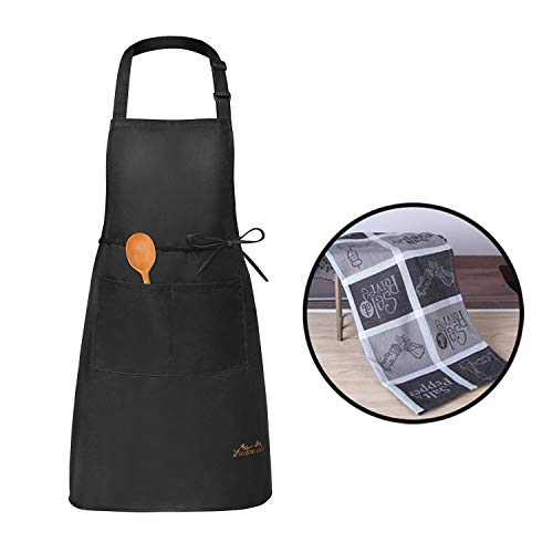 détail Viedouce Tabliers de Cuisine Etanche,Tablier Réglable avec Poches pour Cuisine Familial,Restaurant,Jardin,Barbecue,école,Café,Tablier pour Chef,Boulanger,Serveurs,Serveuse(1x Tablier + 1 x Torchon)