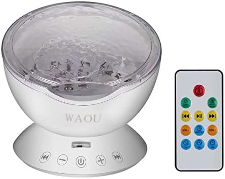 WAOU Remote Control Ocean Wave Projector Night Light Lamp Romantic Relax Multicolor Sleep Night Light With Built-in Music Player In Bedroom Living Room For Nursery Baby Kids Children Adults(White)