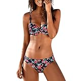 Yvelands Damen Bikini-Set Blumendruck Bikini Set Schwimmen Badeanzüge Badeanzug Bademode(Black2,CN-XL)
