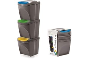 KrysGo 20 Litre Large Stackable Recycling Sorting Colour Coded Plastic Bins with Hinged Lids (Grey, Set of 3)