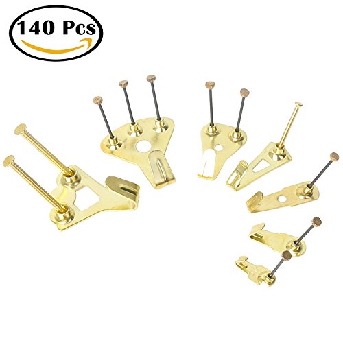 Preisvergleich Produktbild Bildaufhänger Messing Metall Set / 140 Stücke / mit Schrauben / Bilderhakenset Aufhängeset Bilderrahmen Fotos Wandhaken