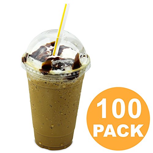 20 oz Clear Plastic Cup with Dome Lid for Iced Cold Drink Coffee Tea Juice Smoothie Bubble Boba Frappucino, Disposable, Large Size [100 Pack]