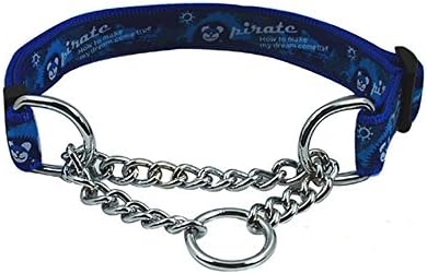Strimm Adjustable Nylon Martingale Choke Collar with Pirate Printed Pattern for Large and Extra Large Breed Dogs- Blue