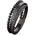 MEENAZ Bracelet for Men Black Leather Bracelet for boys Magnetic-Clasp Leather Mens Beads Bracelet Evil eye Bracelets for Men Stylish Combo Silver Stainless Steel Birthday Gift Anniversary Husband 665