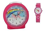 Atlanta Kinderwecker Einhorn Mädchen Pink mit Armbanduhr - 1981/17 Plus