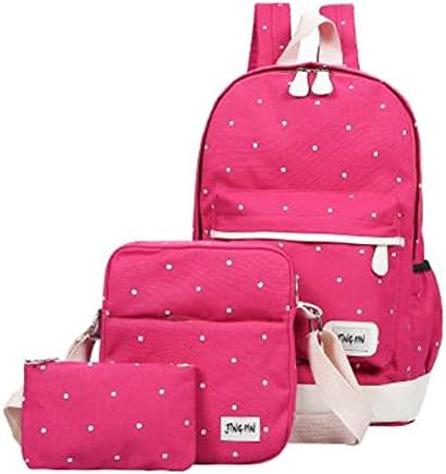 Teenage Girls School Bags Set 3 Pieces Canvas Backpack/ Shoulder Bag/ Pencil Case for A4 Magazines Tablet PC (Rose-carmine)