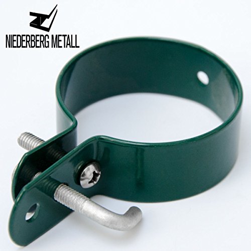NIEDERBERG METALL Schelle Ø60mm Befestigungsschelle Metall-Spannschelle für runde Zaun-Pfähle | Hakenschelle Strebenschelle inkl. Schrauben | Zubehör Maschendrahtzaun | Grün - 2