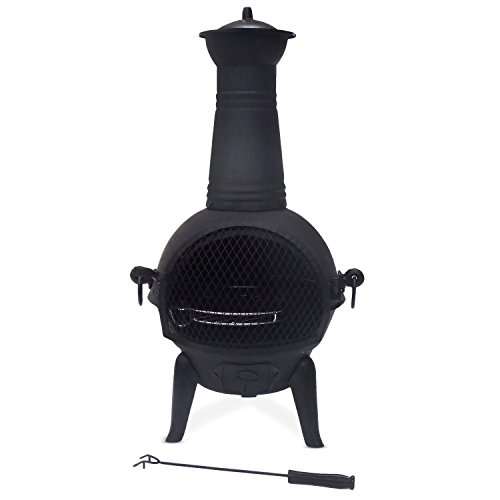 Mari Garden Granada - Chimenea de hierro fundido, 93 cm, brasero, calefactor para el jardín con parrilla de barbacoa y cubierta para la lluvia, chimenea, incinerador de jardín, estufa de leña, para exteriores, color negro