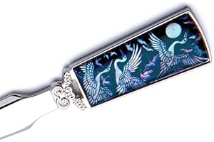 Antique Alive Mother of Pearl Black Bird Metal Steel Office Hand Envelope Letter Opener with Crane and Moon Design