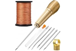 CQXSYTBN 5 Kit Gewachstes Nähgarn-Nähset Inklusive Nähgarn-Ahle, Completo per Cucire in Pelle - 5 Aghi di Tela, Manico in Rame, Filo di Nylon da 50 m e ditale - Ideale per Riparare Scarpe e Pelle