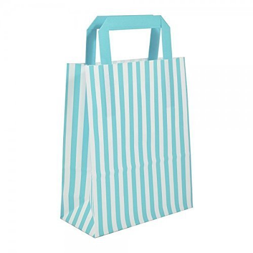 We Can Source It Ltd 20 x Blue Candy Stripe Paper Carrier Bags with Flat Handles - 26cm x 35cm x 12cm - WECANSOURCEIT