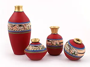 Thesoulartco Set of 4 Terracotta Handmade Hand Crafted Hand Painted Matte Finished Rustic Red Flower Vases with Beautiful Madhubani Motifs for Home Decoration Living Room and Gifting