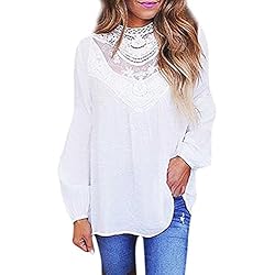 MORCHAN❤Femmes Dames Sexy Casual Dentelle O Cou Automne Hiver Lâche Élégant Solide T-Shirt À Manches Longues Tops Mode Blouse(FR-42 / CN-M,Blanc)