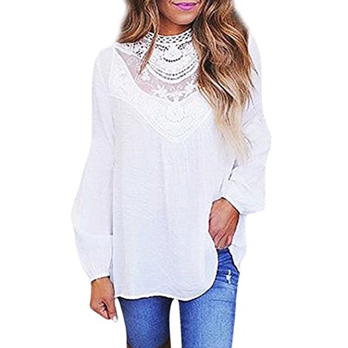 MORCHAN❤Femmes Dames Sexy Casual Dentelle O Cou Automne Hiver Lâche Élégant Solide T-Shirt À Manches Longues Tops Mode Blouse(FR-42 / CN-M,Blanc)