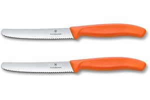 Victorinox Swiss Classic, Couteau à petit déjeuner, Couteau à pain, Lame tranchante, dentelée, 11 cm, Manche plastique, Acier inoxydable, Set 2 Pièces, Orange