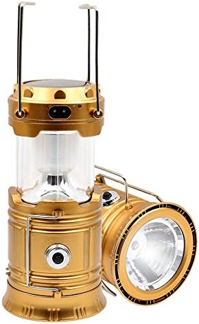 Outdoor Solar Camping Lantern Portable LED Lights Rechargeable Emergency Light Stretch Switch Flashlight Powered By Solar Panel and USB Charging. (Gold)