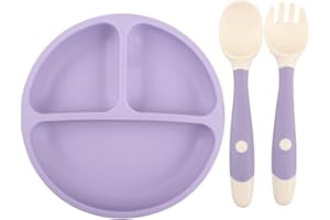 WJIAEER Piatto per bambini in silicone, piatto per bambini con cucchiaio e forchetta, senza BPA, adatto a microonde e lavastoviglie Ventosa sul fondo.