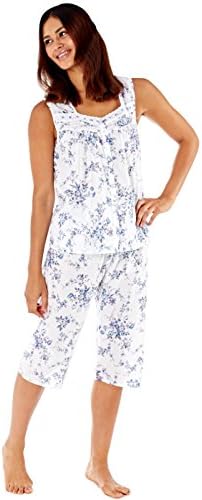 Inspirations Women's Floral Sweetheart Neck Sleeveless 3/4 Length 100% Cotton Pyjamas Set. (UK 18/20 -EU 46/48, Purple Floral)