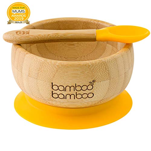 Bowl adherente para bebé y set de cucharas en combinación, Bowl que no se despega de la mesa al comer, Bambú natural (Amarillo)