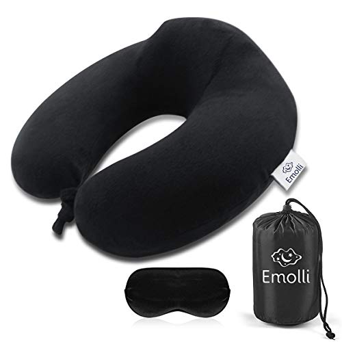 Emolli Almohada de Viaje Viscoelástica de Espuma de Memoria, con Máscara de Ojos, con Funda Lavable y Bolsa de Viaje, Soporte Cervical para aviones,familias y oficinas, Buen Regalo - Negro