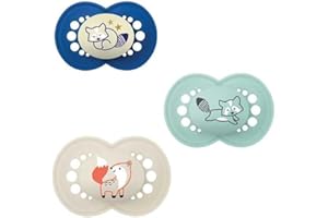 CUPOOTA MAM Original Lot de 3 tétines en silicone (2 MAM Original & 1 MAM Night), 18+ mois, Bleu,ensemble sucette anatomique qui respecte la forme de la bouche, SkinSoft doux comme la peau