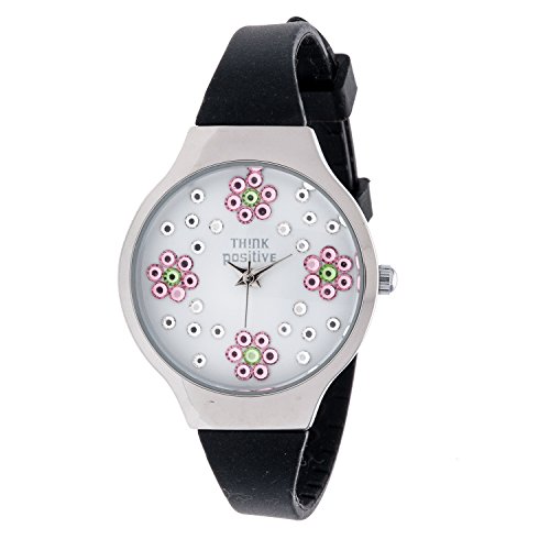 Señoras THINK POSITIVE® Modelo SE W114A Flores Pequeña Correa De Acero De Silicona Color Negro