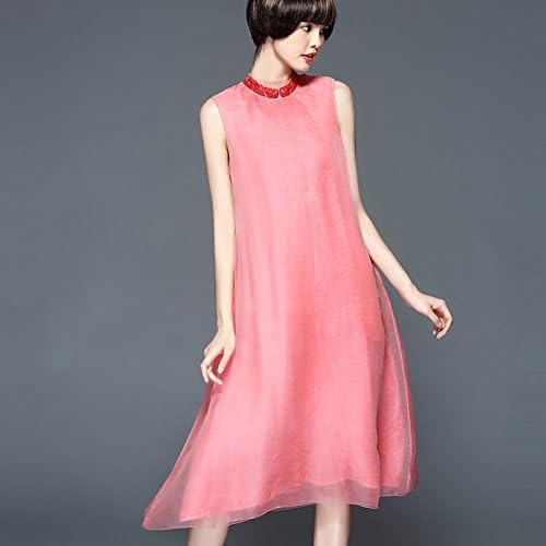 Dresses Straight Silk Double Layer Silk Sleeveless Long Skirt Embroidery,Pink,L