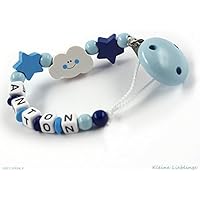 Schnullerkette mit Namen Junge Holz Wolke Stern - hellblau blau dunkelblau Taufgeschenk personalisiert Baby Geburt Geschenk Holz - Silikonring