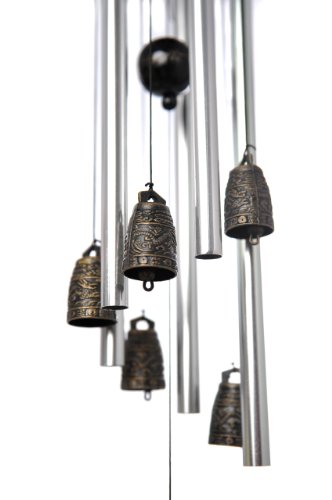 Windspiel „Silberne Metallstangen und alte chinesische Glocken“ – 100% Handgefertigtes, wunderschön designtes Windspiel, fertig zum Aufhängen (T1008B DE) - 2