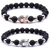 Bracelet Perle Bouddhiste - Deux Bracelets en Pierre de Lave avec amulette tête de Bouddha et Pierre de Protection Chakras - Bracelet Perles d'Énergie Argent et Rose