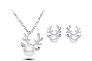 FDEETY Damen Schmuck Sets 925 Sterling Silber Weihnachten Tropfen Perlen Elch Halskette Ohrringe für Valentinstag Hochzeitsgeschenk