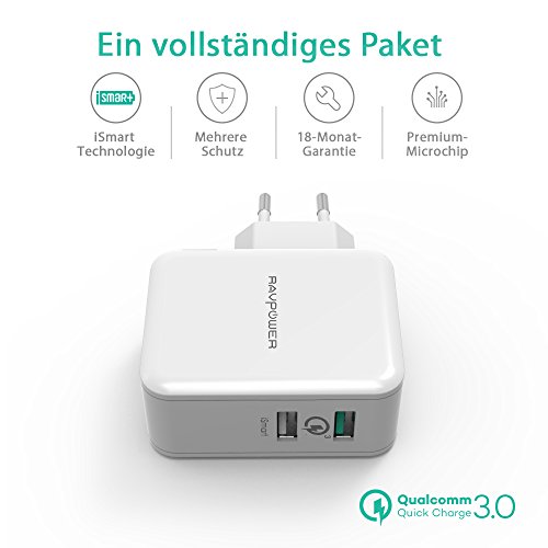 RAVPower USB Ladeger  t Schnelle Ladefunktion 30 W 2-Port Ladeadapter mit QC 3 0     bis zu 4X schnellere Aufladung f  r Galaxy S7 Edge  HTC One A9  N