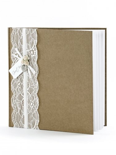 Gästebuch 22 Seiten Creme Braun Weiß Spitze Röschen Apricot Metallherz Anhänger 20,5x20,5cm Hochzeit Nostalgie Hochzeitsbuch Buch Guestbook KWA36EN
